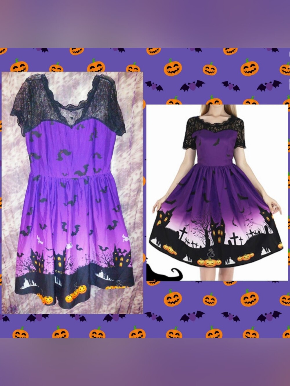 Purple/Blk/Multiclr A-Line Fit & Flare Soft Woven Dress w/Sheer Lace Yoke Sz M/L